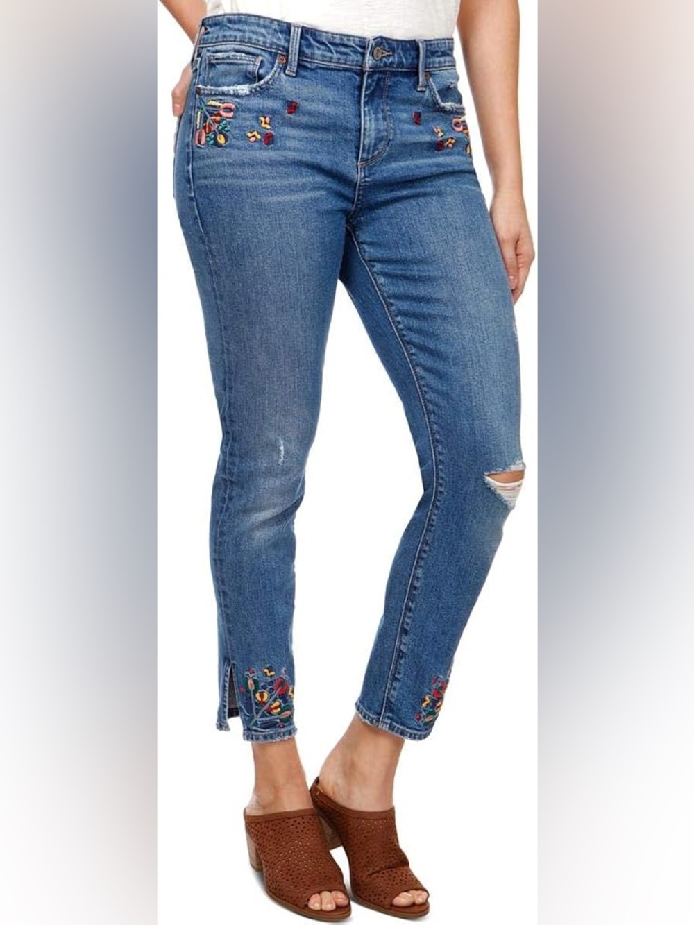 Lucky Brand Ava Skinny Mid Rise Jeans With Floral Embroidery And Side Slits
